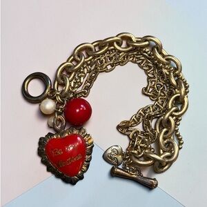 HTF Vtg 90’s Betsey Johnson Gold Tone Be My Valentine Bracelet with Red Heart